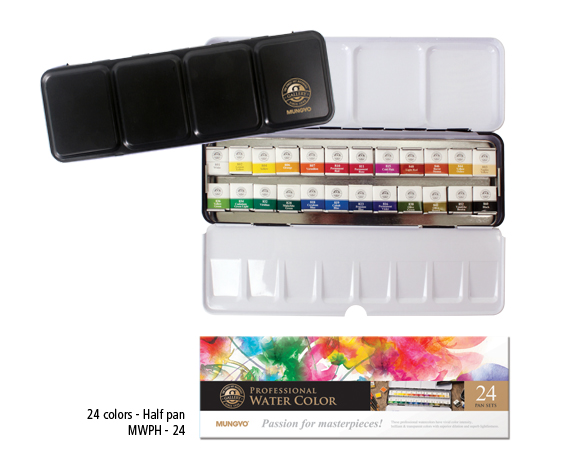 Mungyo Professional Half Pan Size Water Colors Set in Tin Case/Integral Mixing Palette in The lid 24 Colors 
